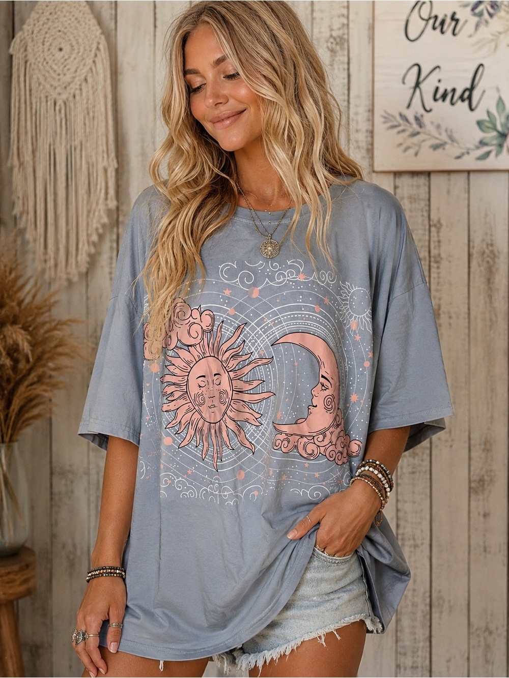 🦋BlueVelvet  Celestial Sun & Moon Graphic Tee - Blue Short Sleeve Top BV001